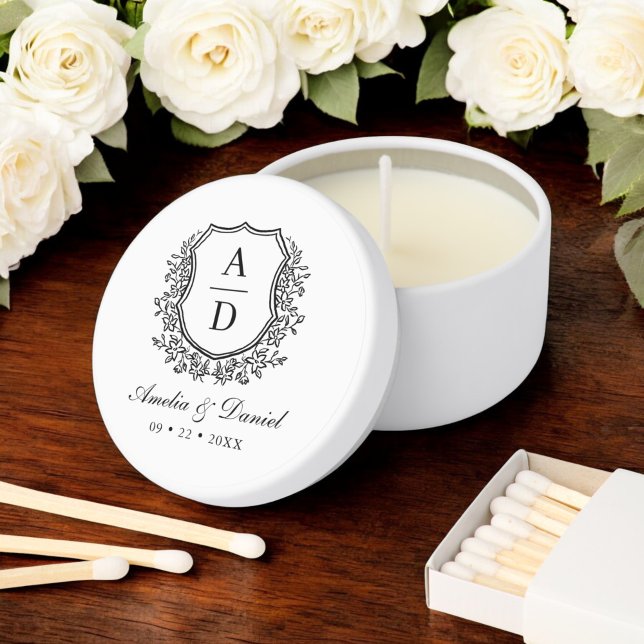 Black White Crest Modern Monogram Wedding  Mini Candle Favors (Creator Uploaded)