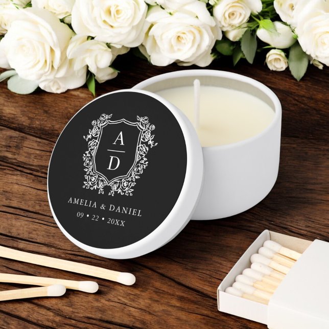 Black White Crest Modern Monogram Wedding  Mini Candle Favors (Creator Uploaded)