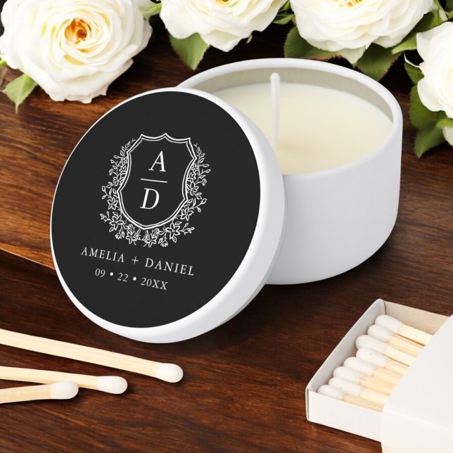 Black White Crest Modern Monogram Wedding  Mini Candle Favors (Creator Uploaded)