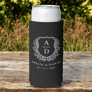 Black White Crest Modern Monogram Wedding Seltzer Can Cooler