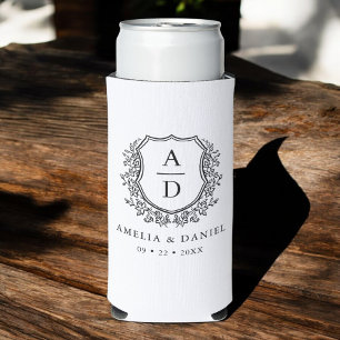 Black White Crest Modern Monogram Wedding Seltzer Can Cooler
