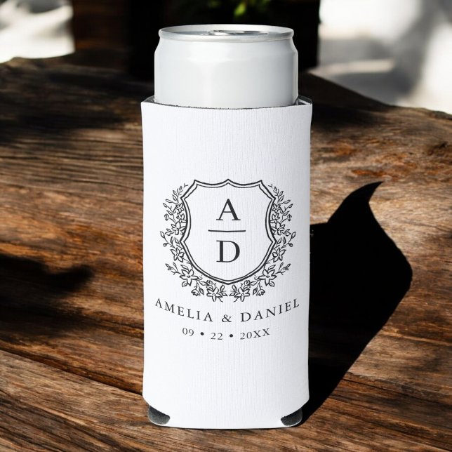 Black White Crest Modern Monogram Wedding  Seltzer Can Cooler (Creator Uploaded)
