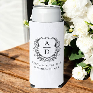 Black White Crest Modern Monogram Wedding Seltzer Can Cooler