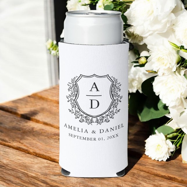 Black White Crest Modern Monogram Wedding  Seltzer Can Cooler (Creator Uploaded)