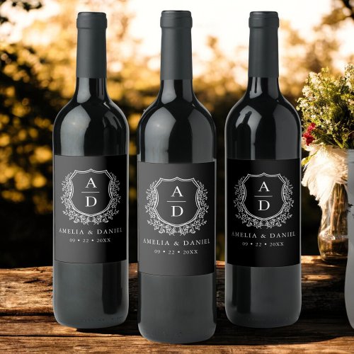 Black White Crest Modern Monogram Wedding  Wine Label