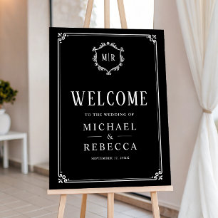 Black White Crest Monogram Wedding Welcome Sign