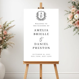 Black White Crest Monogram Wedding Welcome Sign