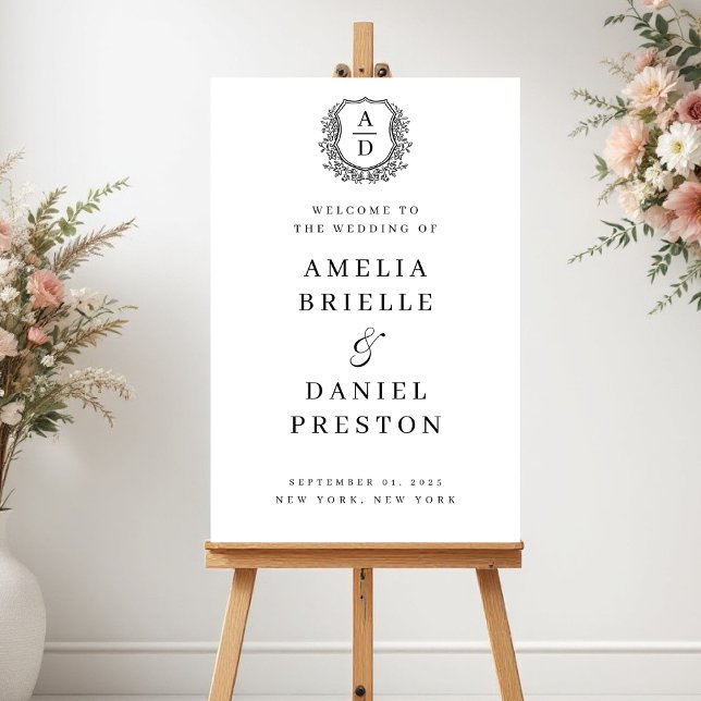 Black White Crest Monogram Wedding Welcome Sign (Creator Uploaded)