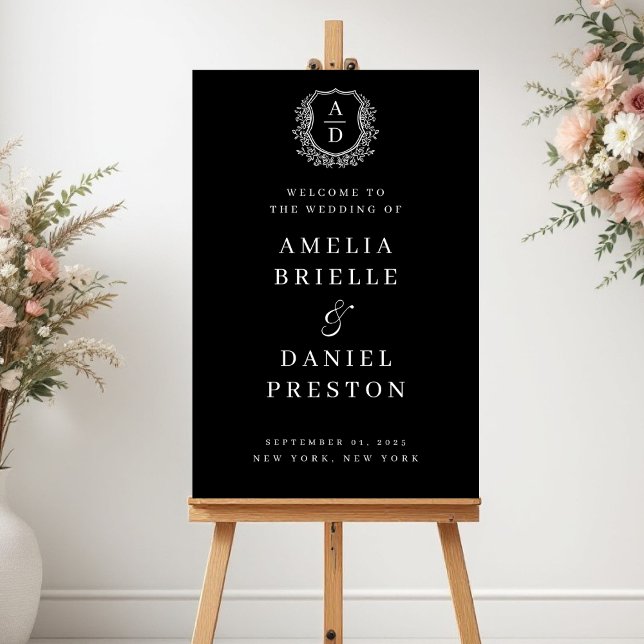 Black White Crest Monogram Wedding Welcome Sign (Creator Uploaded)