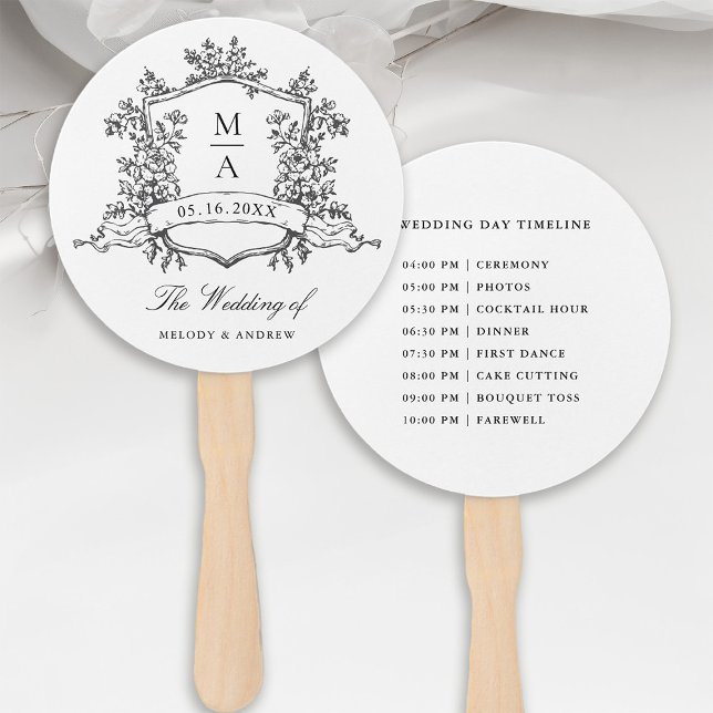 Black & White Crest Wedding Ceremony Timeline Hand Fan (Front & Back)