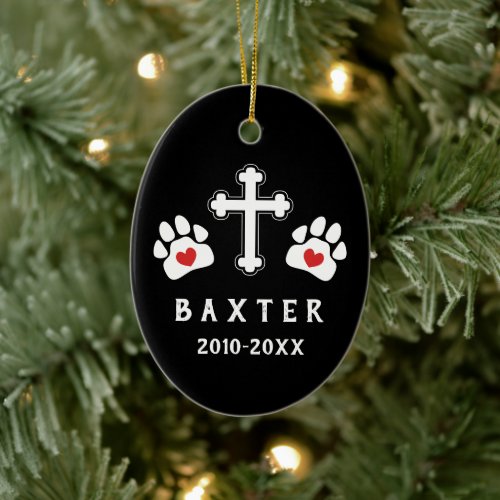 Black White Cross Paw Prints No Photo Pet Memorial Ceramic Ornament