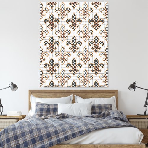 Black White Crosshatch Polka Dots Fleur-de-lis  Canvas Print