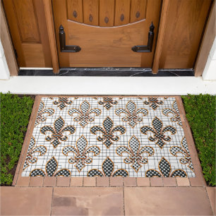 Black White Crosshatch Polka Dots Fleur-de-lis Doormat