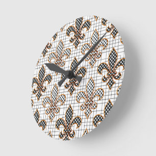 Black White Crosshatch Polka Dots Fleur-de-lis  Round Clock