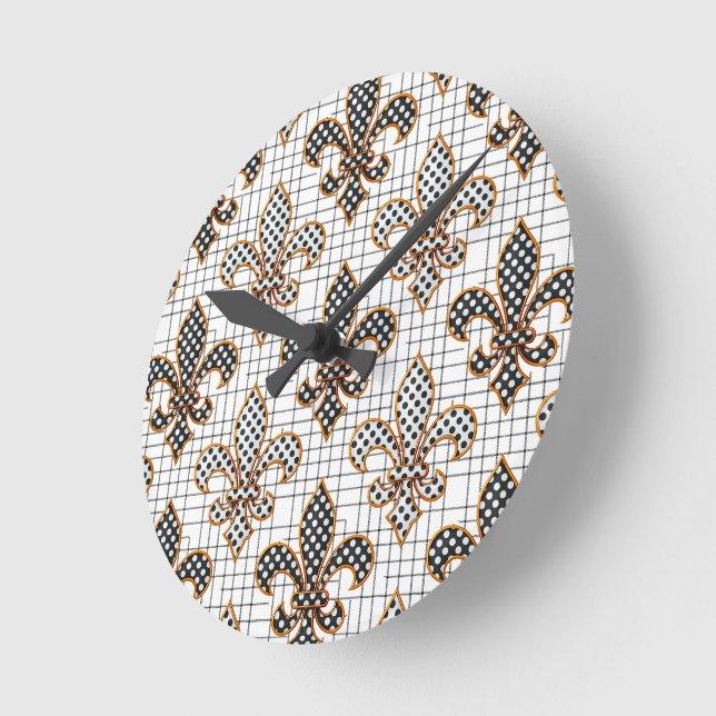 Black White Crosshatch Polka Dots Fleur-de-lis  Round Clock (Angle)