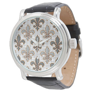 Black White Crosshatch Polka Dots Fleur-de-lis Watch
