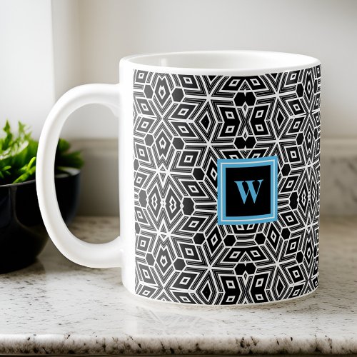 Black White Cubism Neo Geo with Lt Blue Monogram Coffee Mug