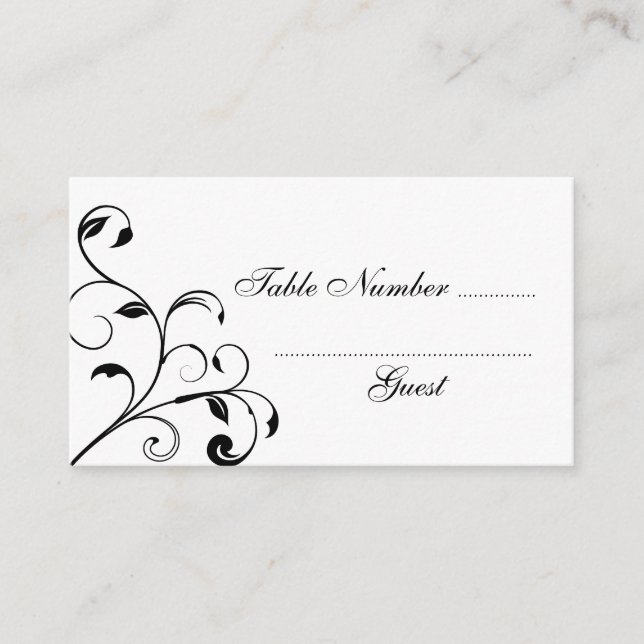 Black & White Curls Wedding Table Place Cards (Front)