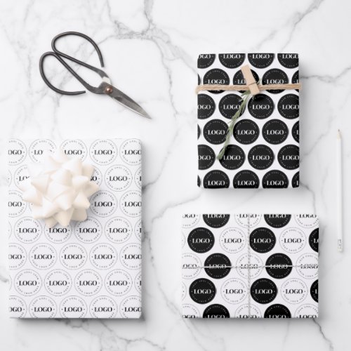 Black White Custom Business Logo Pattern Repeating Wrapping Paper Sheets