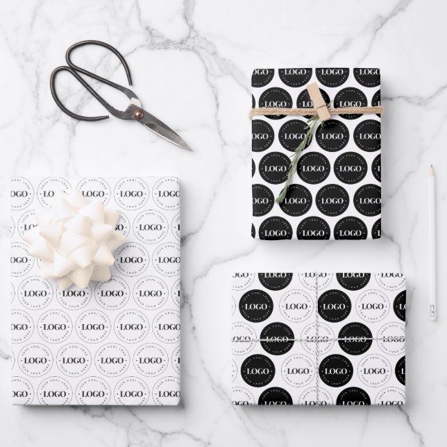 Black White Custom Business Logo Pattern Repeating Wrapping Paper Sheets (Front)