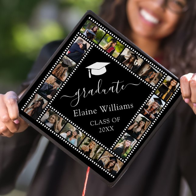 Black White Custom Elegant Modern Script Graduation Cap Topper (Creator Uploaded)
