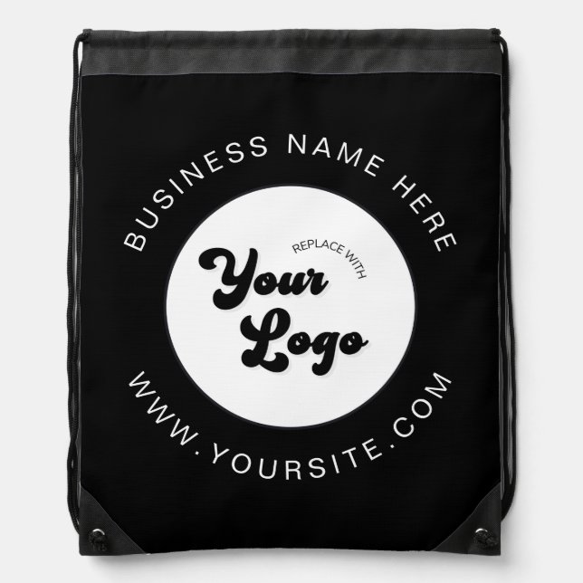 Black & White Custom Logo Text Business Corporate Drawstring Bag (Front)