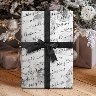Black White Custom Merry Christmas Script Floral Wrapping Paper