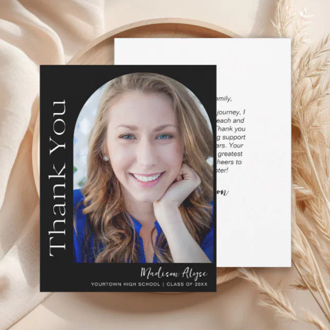 Black White Custom Modern Photo Arch Graduation Thank You Card | Zazzle