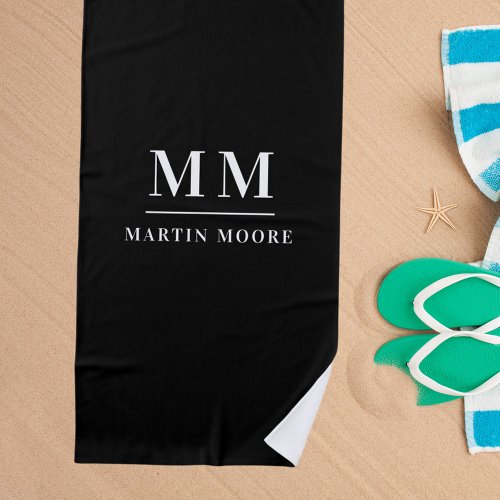 Black white custom monogram initials name beach towel