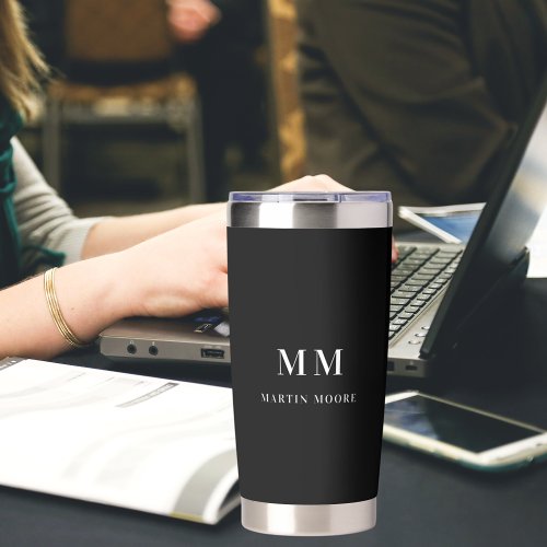 Black white custom monogram initials name insulated tumbler