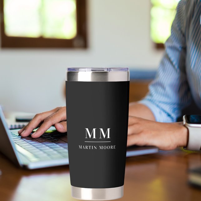 Black white custom monogram initials name insulated tumbler (Creator Uploaded)