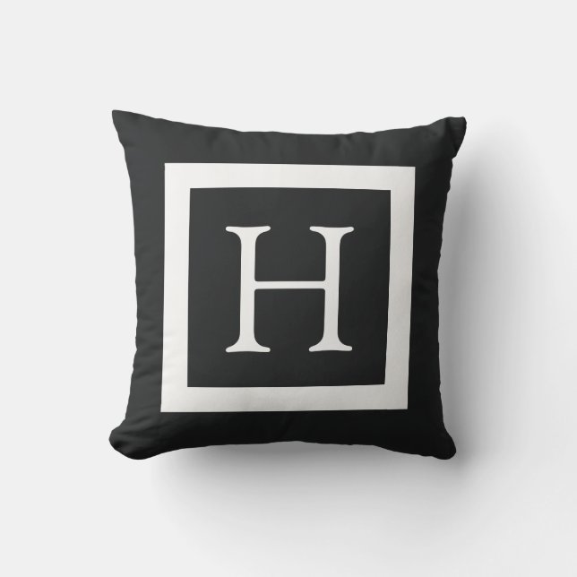 Black White Custom Monogram Outdoor Pillow (Front)