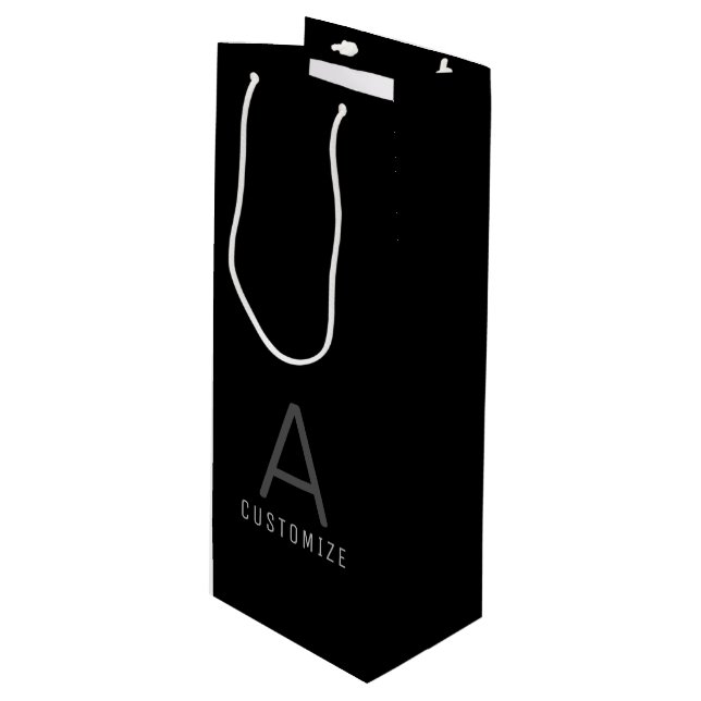 Black White Custom Name Initial Modern Wine Gift Bag (Front Angled)