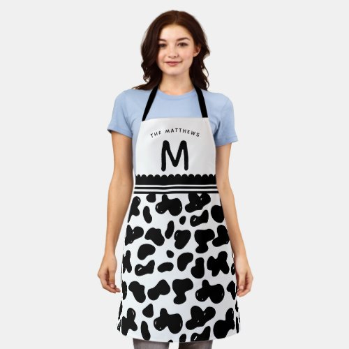 Black  White Custom Name  Monogram Cow Pattern Apron