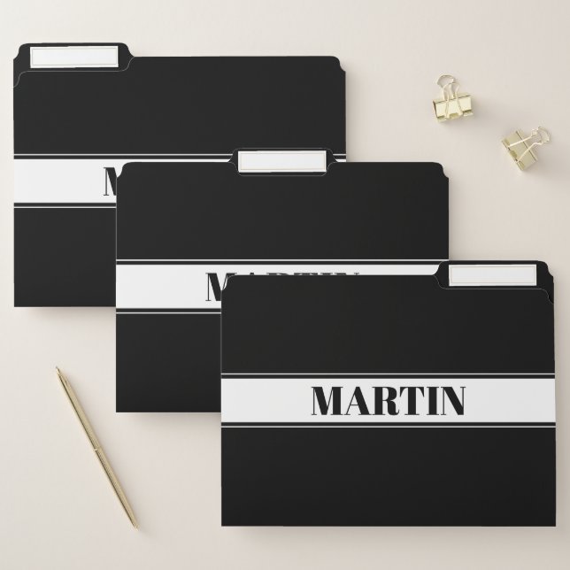 Black & White Custom Name Stripe File Folder (Set)