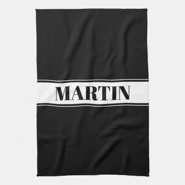 Black & White Custom Name Stripe Kitchen Towel (Vertical)