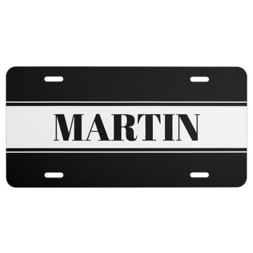 Black  White Custom Name Stripe License Plate