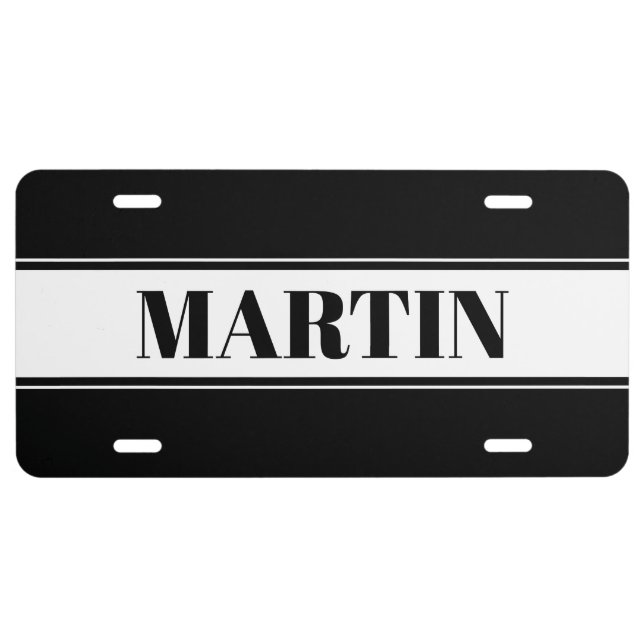 Black & White Custom Name Stripe License Plate (Front)