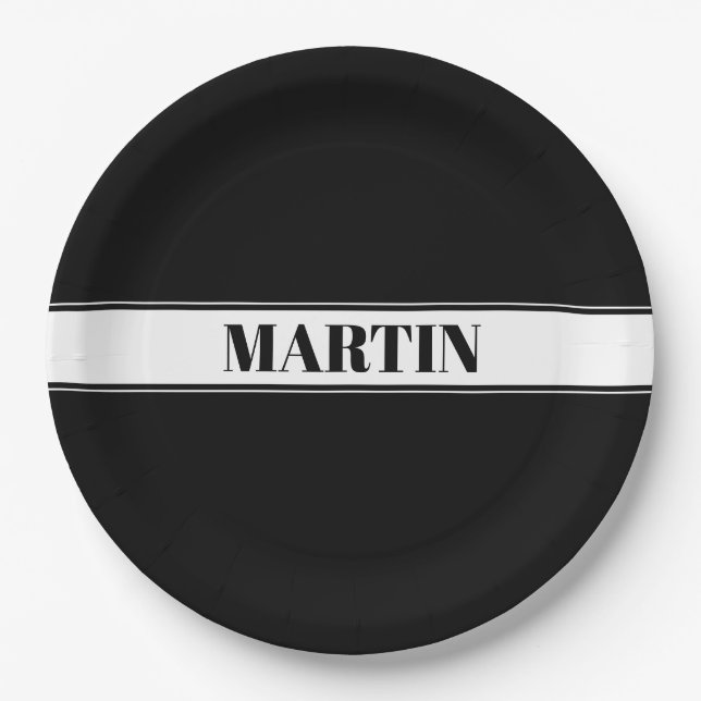 Black & White Custom Name Stripe Paper Plates (Front)