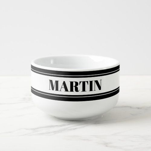 Black  White Custom Name Stripe Soup Mug