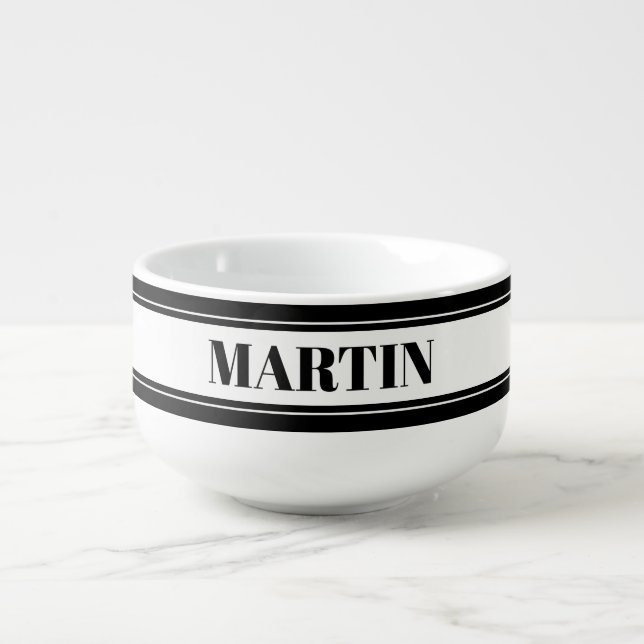 Black & White Custom Name Stripe Soup Mug (Front)