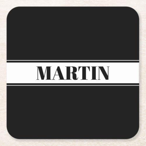 Black  White Custom Name Stripe Square Paper Coaster