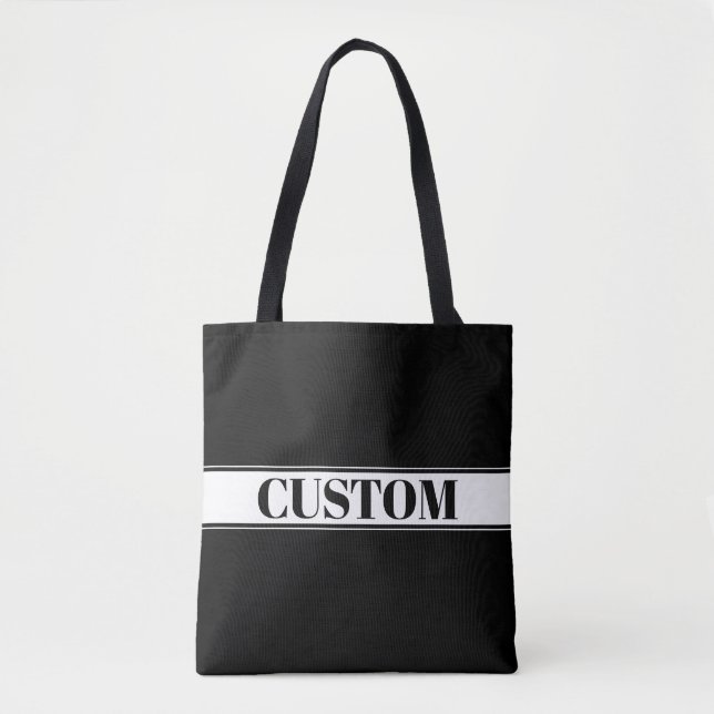 Black & White Custom Name Stripe Tote Bag (Front)