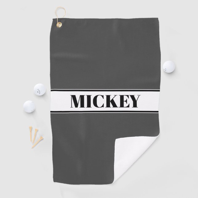 Black & White Custom Name Stripe w/Gray Golf Towel (InSitu)