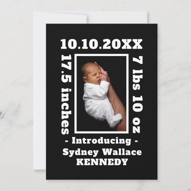 Black White Custom Photo Hello Baby Newborn Birth Announcement (Front)