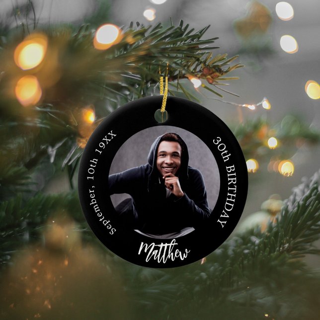 Black white custom photo man guy birthday ceramic ornament (Creator Uploaded)