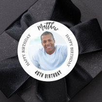 Black white custom photo man guy birthday classic round sticker