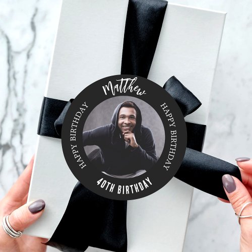 Black white custom photo man guy birthday classic round sticker