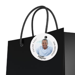 Black white custom photo man guy birthday favor tags