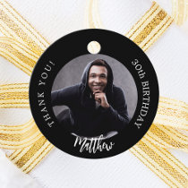 Black white custom photo man guy birthday favor tags